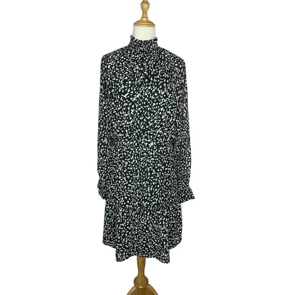 NWOT New York & Company Spotted Mock Neck Long Sleeve Black Gold Dress Size XL